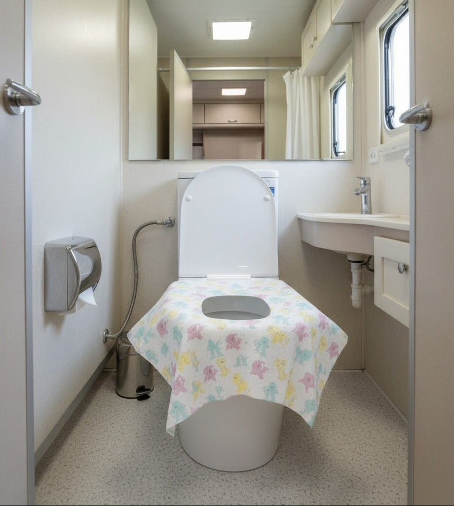Bathroom with a toilet covered by a colorful seat cover, sink, and mirror.