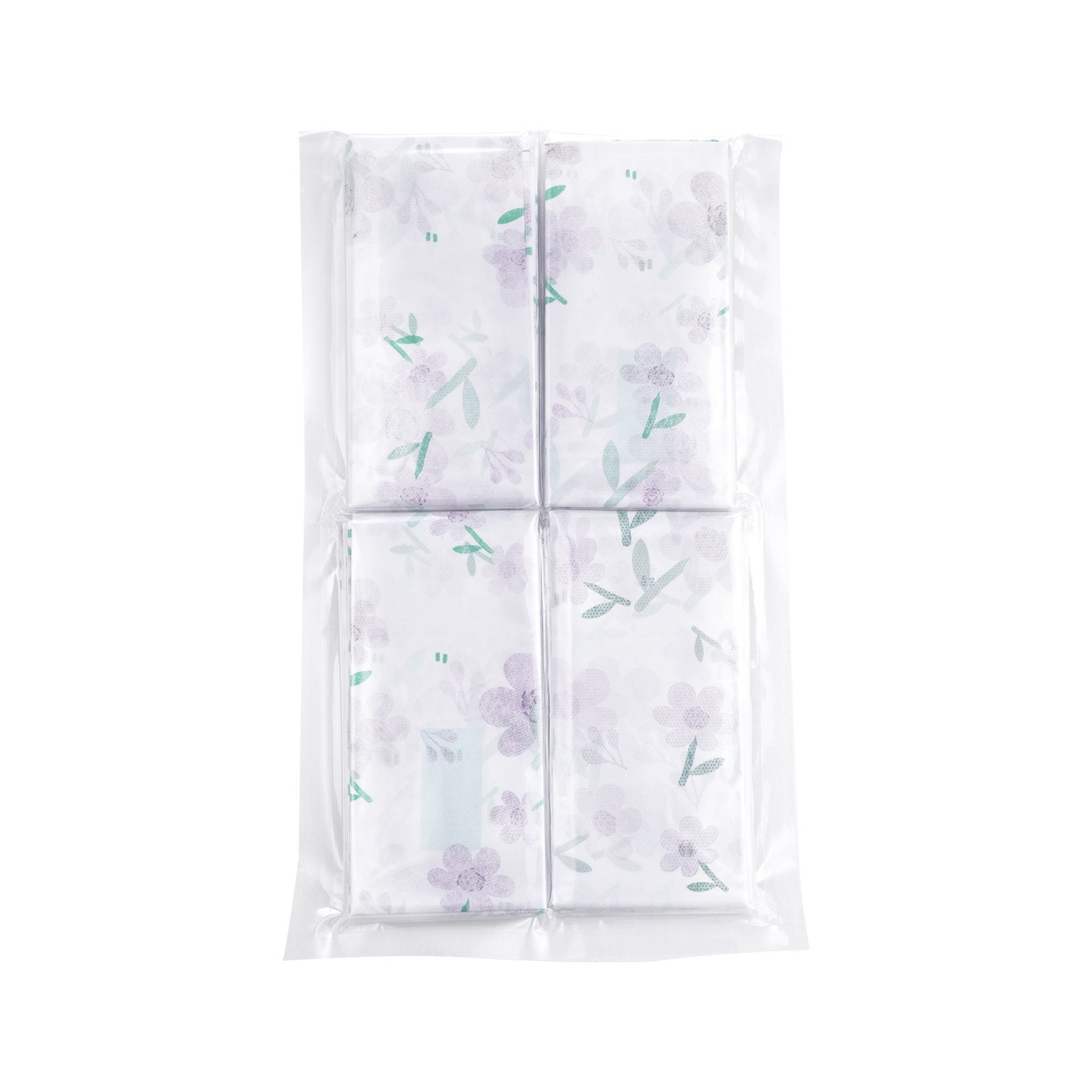 Pack of white paper towels with floral design on a white background