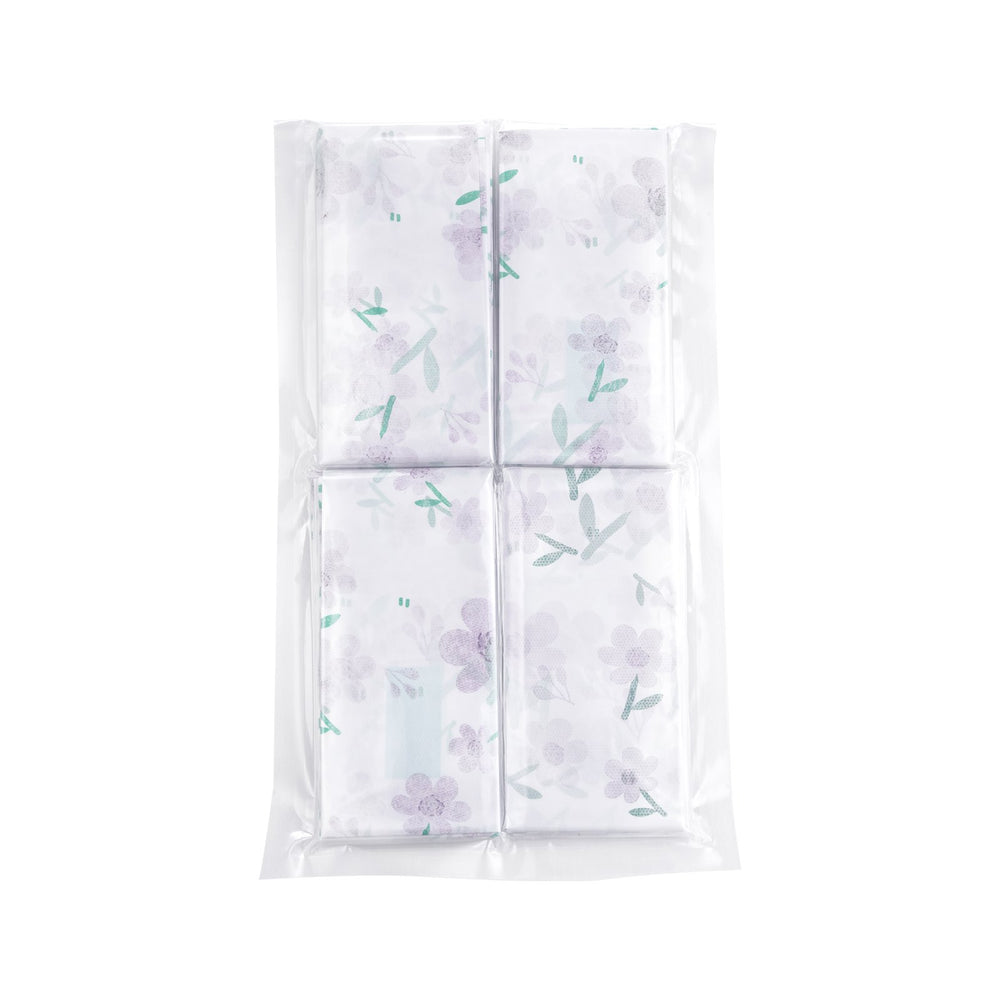 Pack of white paper towels with floral design on a white background