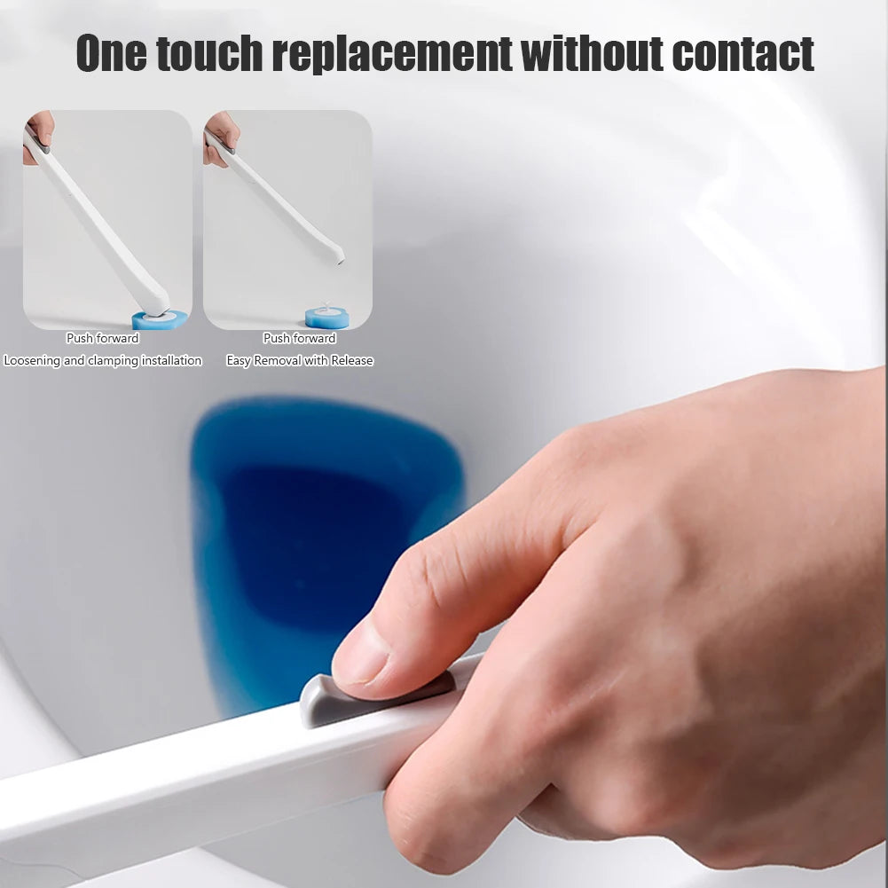 Hand replacing a toilet brush head wwith text 'One touch replacement without contact' on a white background. 