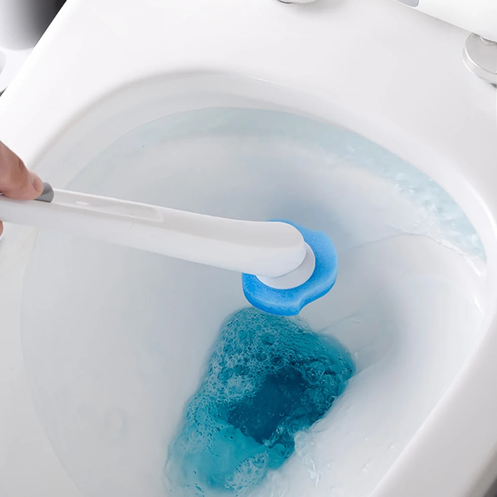 Person cleaning a toilet with a brush and blue cleaning product