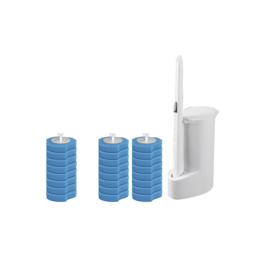 Set of blue cylindrical containers with a white brush on a white background