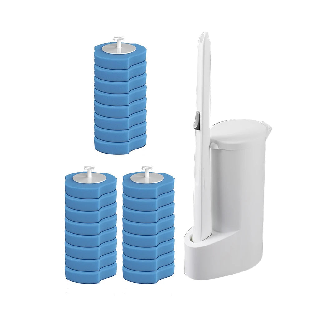 Set of blue cylindrical filters and a white cleaning tool on a white background