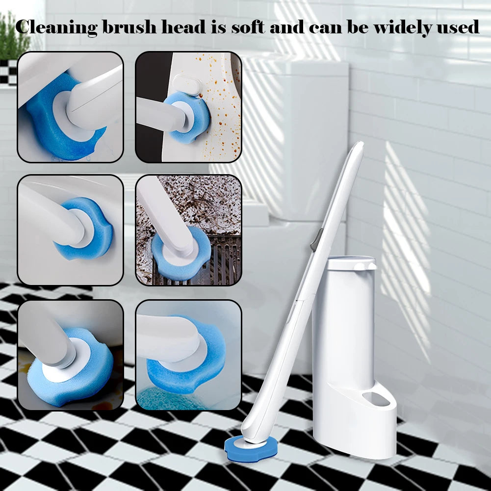 Cleaning brush head with soft bristles used on various surfaces in a bathroom setting.