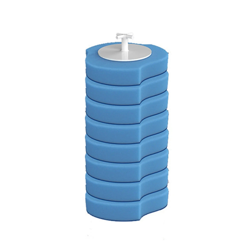 Stack of blue plastic containers with a white pump on a white background