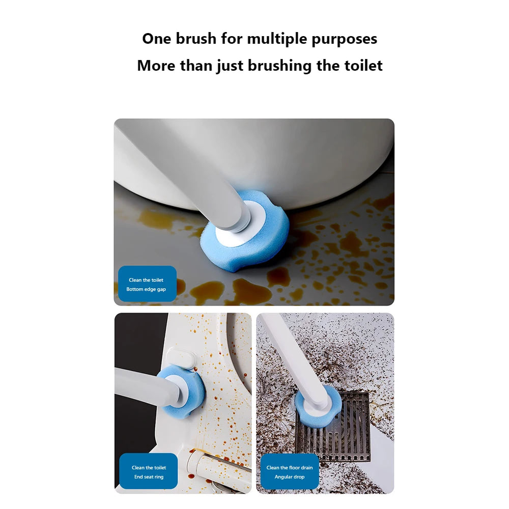 Cleaning brush used on a toilet and other surfaces with text indicating multiple uses in america.