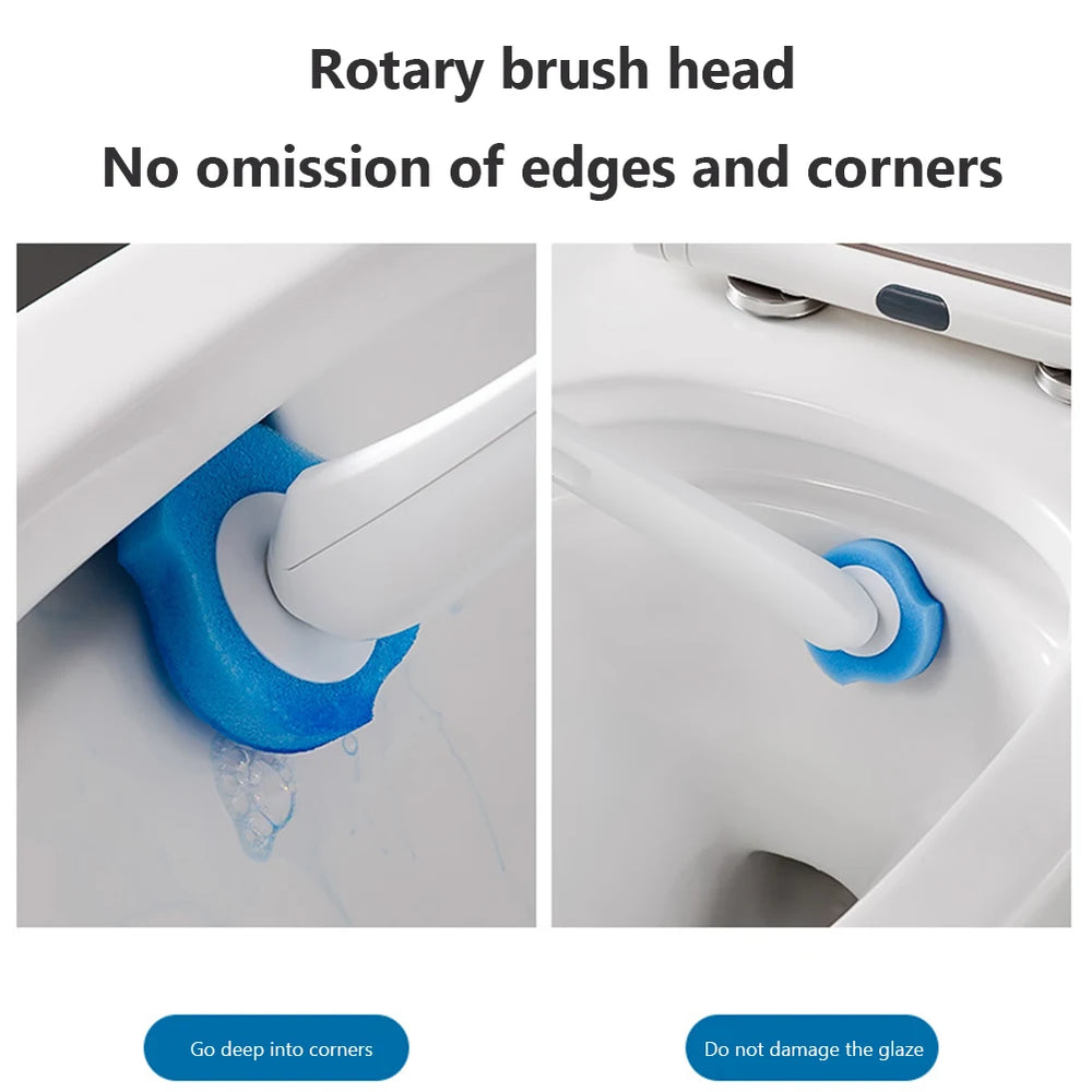 Rotary brush head cleaning a toilet with text highlighting its effectiveness.