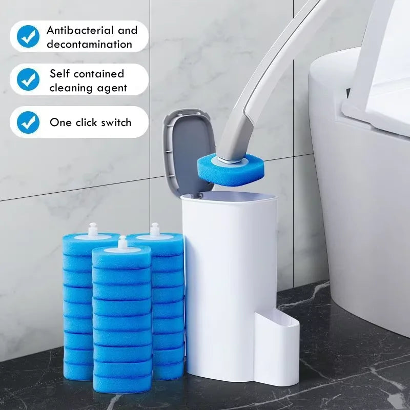 Cleaning device with blue refills and a one-click switch in a bathroom setting.