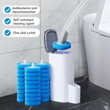 Cleaning device with blue refills and a one-click switch in a bathroom setting.