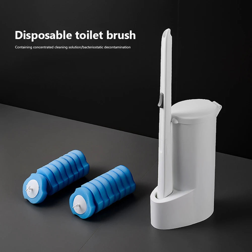 Disposable toilet brush with blue refills on a dark surface
