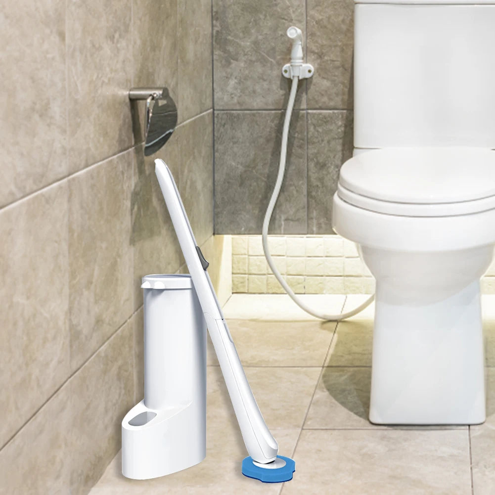 Toilet cleaning brush with holder next to a toilet in a bathroom setting