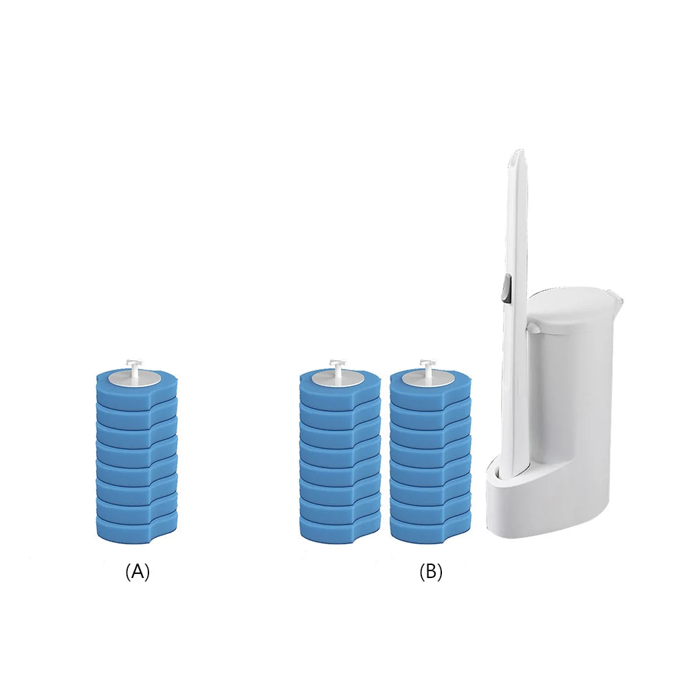 Set of blue cylindrical objects labeled A and B next to a white toilet brush holder on a white background.