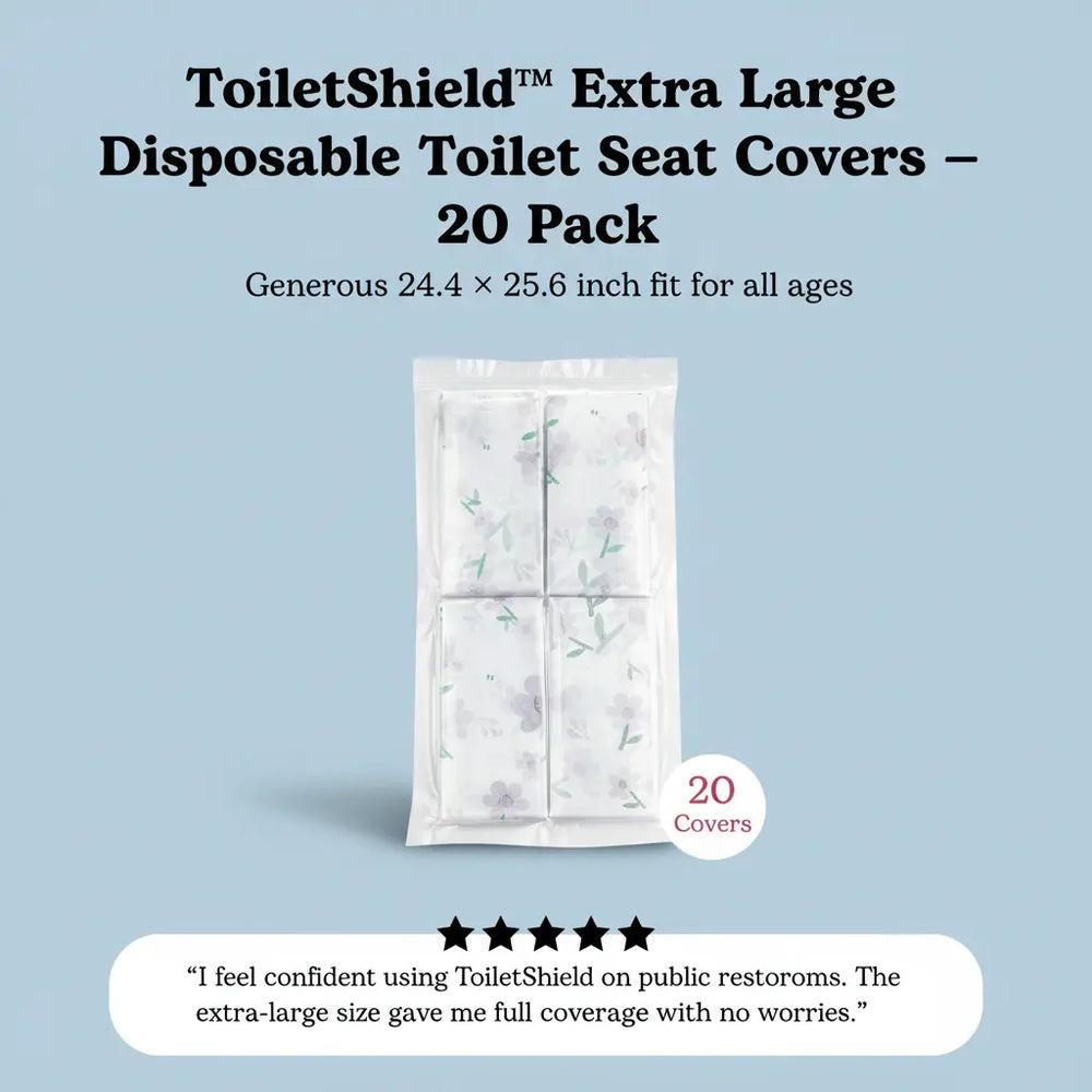 Pack of ToiletShield disposable toilet seat covers with product details on a light blue background