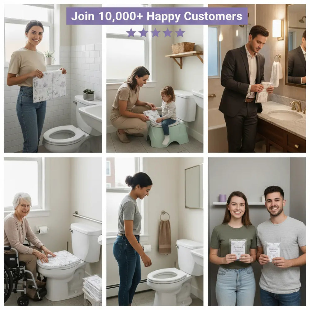Collage of people using toilet paper in various settings with a promotional text overlay.
