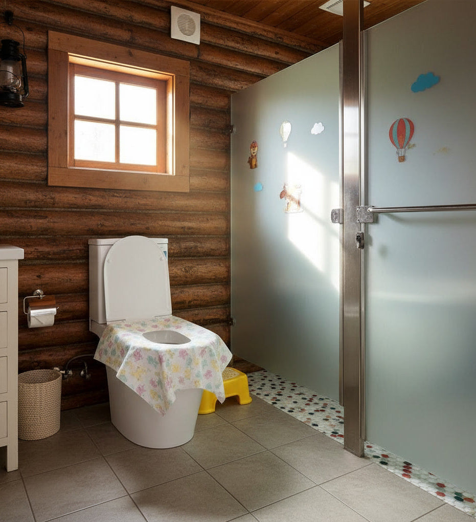 Bathroom with wooden walls, toilet, and shower with colorful balloon decals.