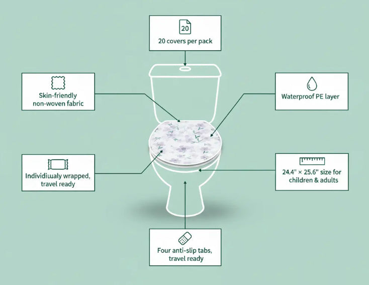 ToiletShield Extra Large Disposable Toilet Seat Covers packaging with features highlighted on a green background