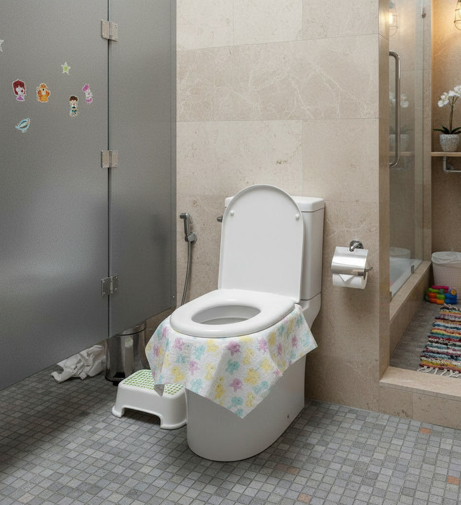 Bathroom with a toilet covered by a floral towel, step stool, and children's toys.